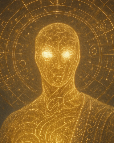 An illustration of an alien figure with glowing eyes, set against a gold background with circular, schematic patterns.