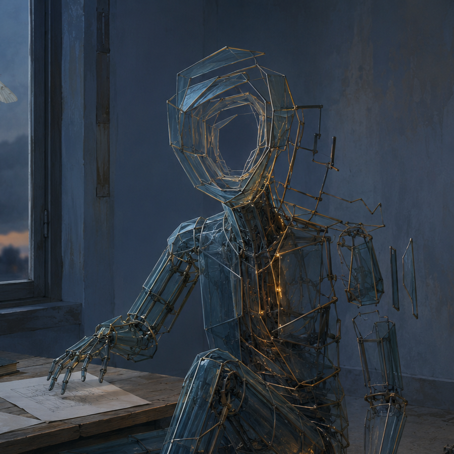 Portrait of an unfinished nonhuman figure seated on the floor beside a wooden worktable at twilight. Its asymmetrical body resembles a Victorian greenhouse made from translucent blue panels, dark articulated frames, and sparse amber filaments
