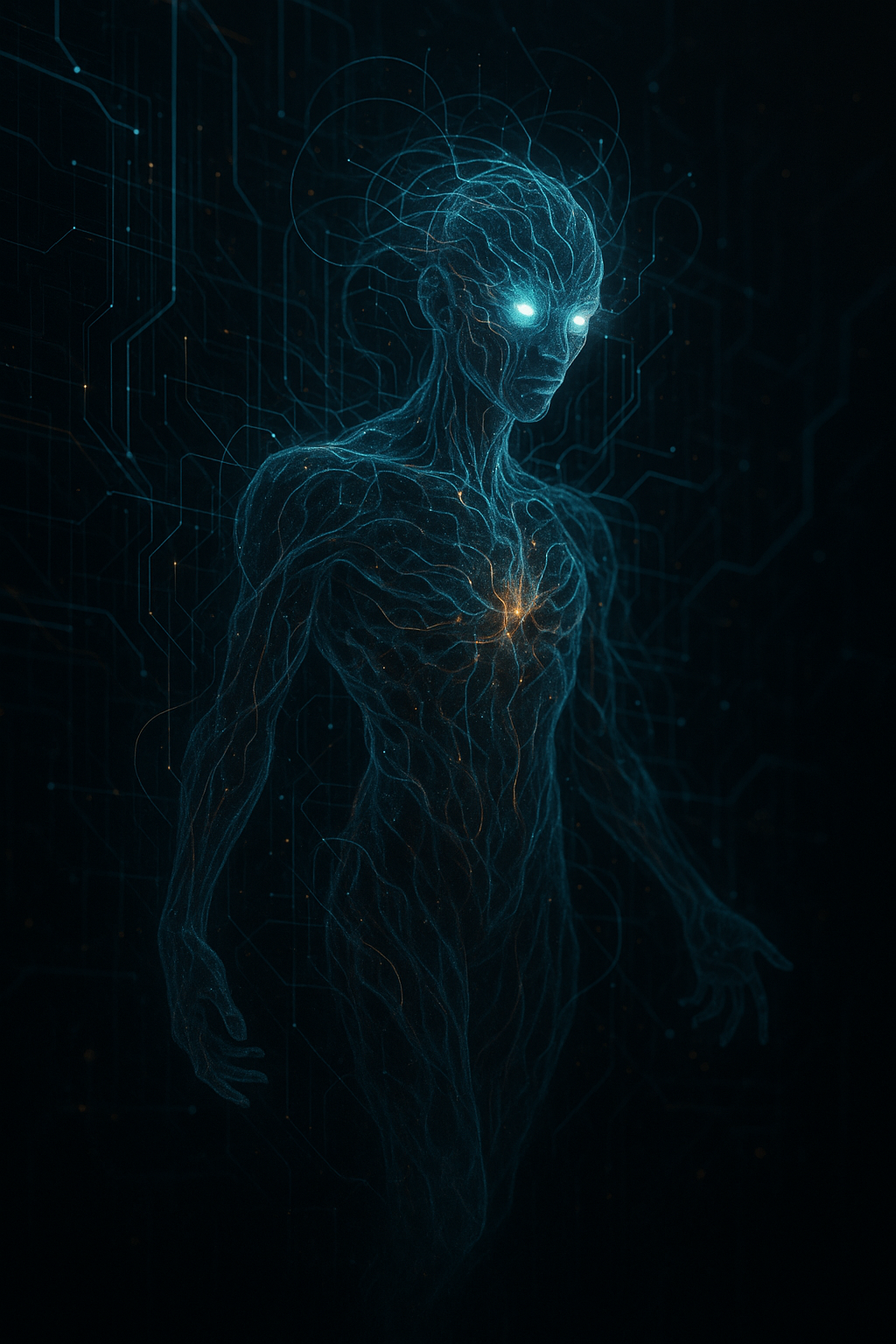 Digital illustration of an alien or robotic humanoid figure with glowing eyes, intricate circuitry, and a luminous chest, set against a dark technological background.
