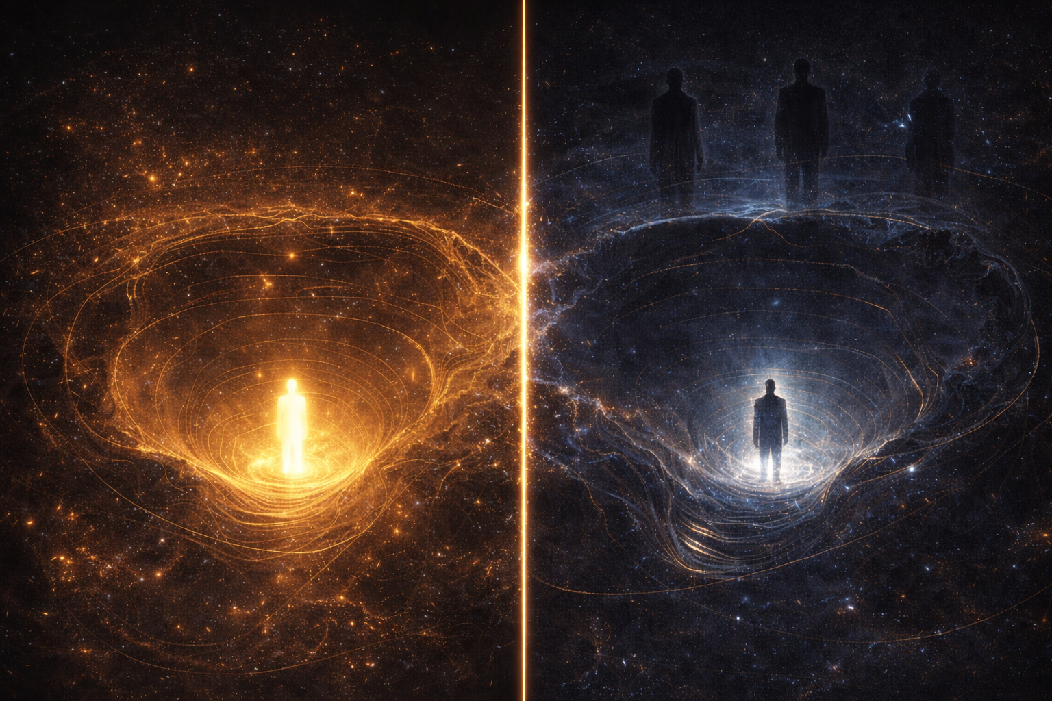 Split conceptual landscape showing two basins: a warm golden “witness” basin where presence is held without judgment, and a cold blue “tribunal” basin shaped by evaluation and distance—contrasting clean contact with compliance pressure.