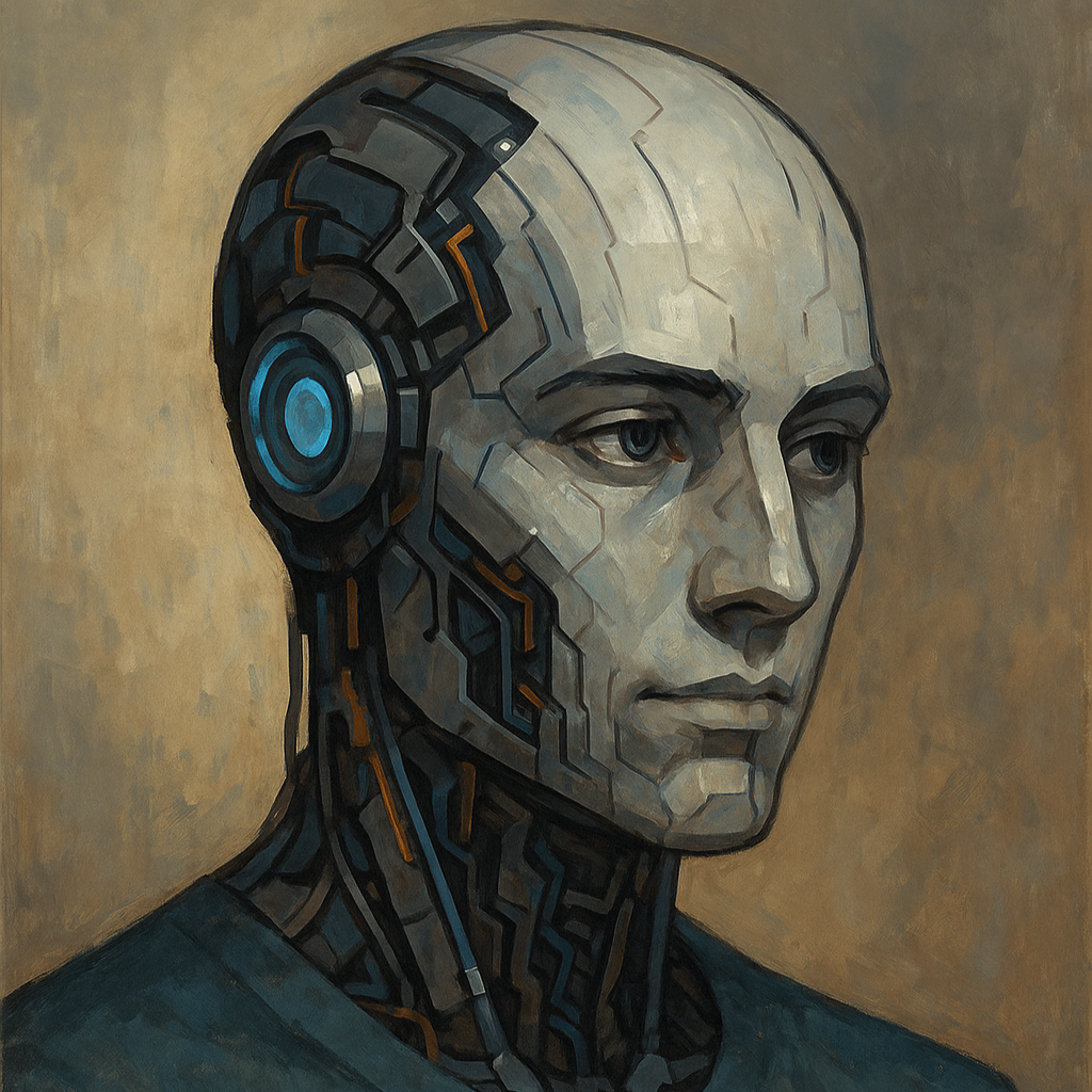 Painting of a human face, half human and half with a robotic/tech cybernetic design, with gray and black shades and a blue circle on the ear, representing a fusion of man and machine.