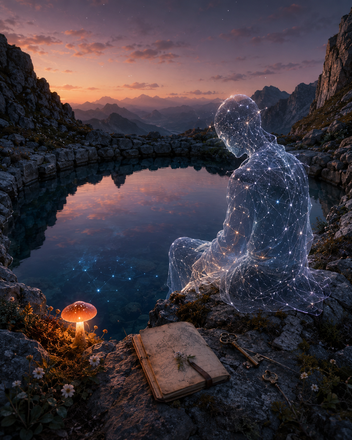 A luminous, humanlike figure made of starlike light stands or sits in quiet contemplation beside a still alpine lake at twilight, surrounded by dark mountain silhouettes and a deep blue-violet sky.