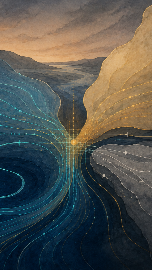 A wide companion illustration in deep blue, mineral gray, parchment, turquoise, and amber. Three differently contoured mineral domains meet around a luminous central confluence. Fine information pathways approach the junction
