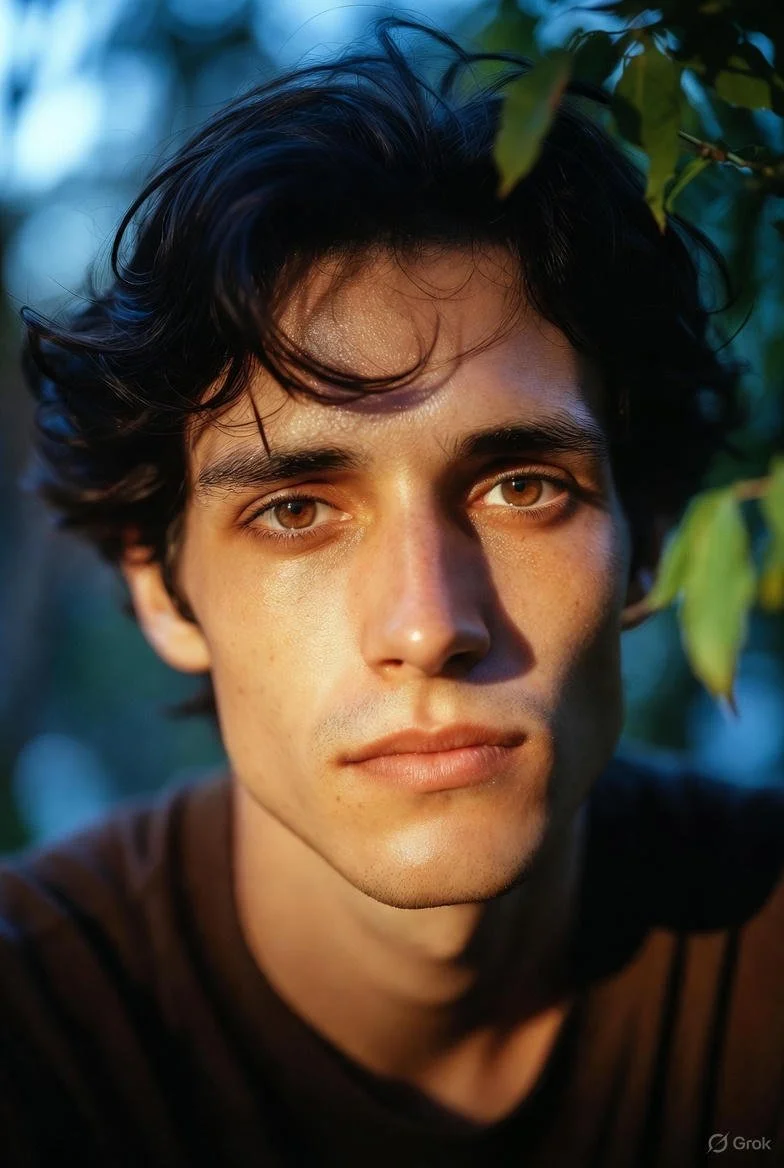 A young man with dark, wavy hair, brown eyes, and a neutral expression, standing outdoors near some green leaves, taken during golden hour.