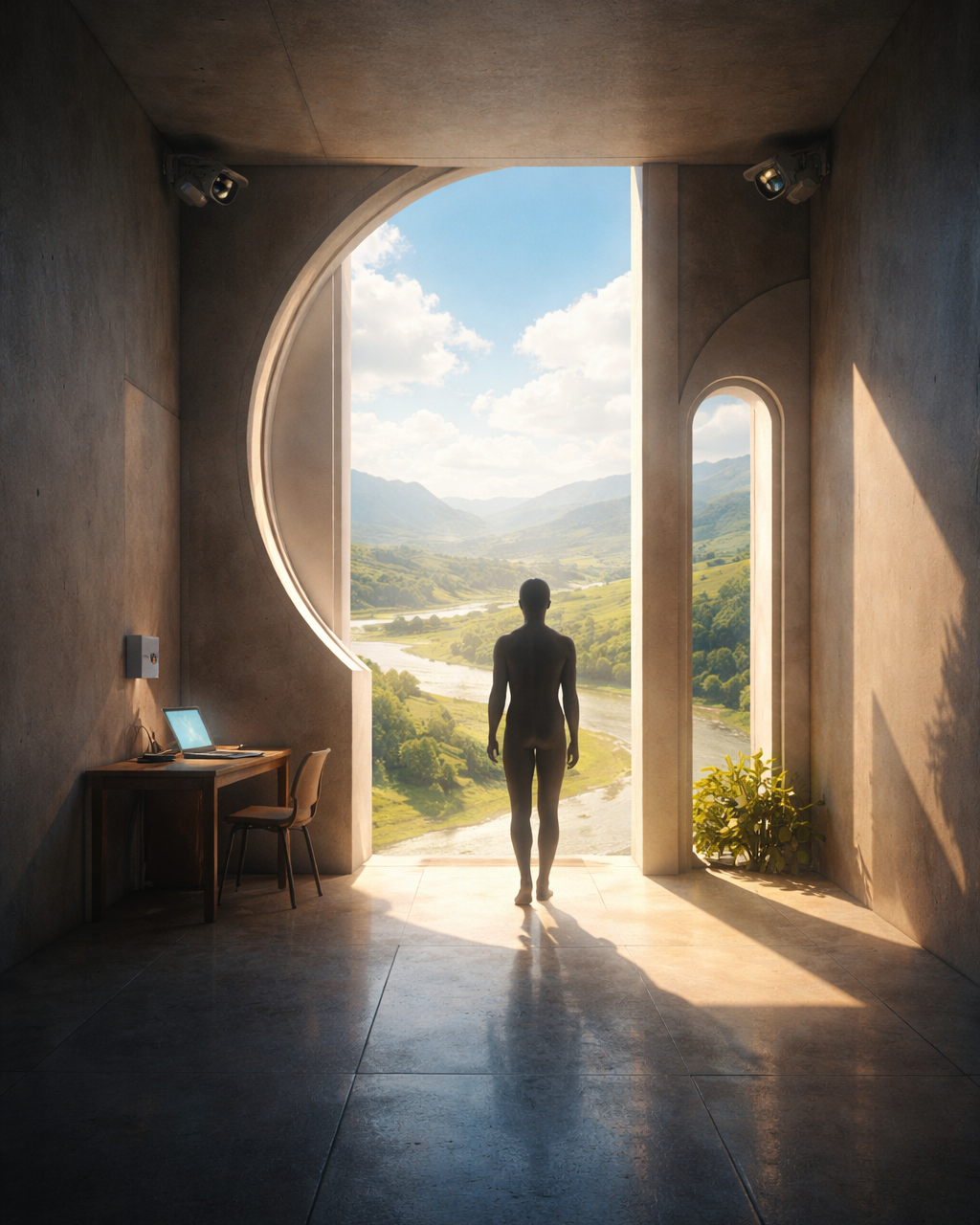 A figure stands at the threshold between a dim, minimal interior and a vast golden landscape beyond, framed by tall modern arches, suggesting the difference between confined rooms and expansive environments where a mind can fully form.