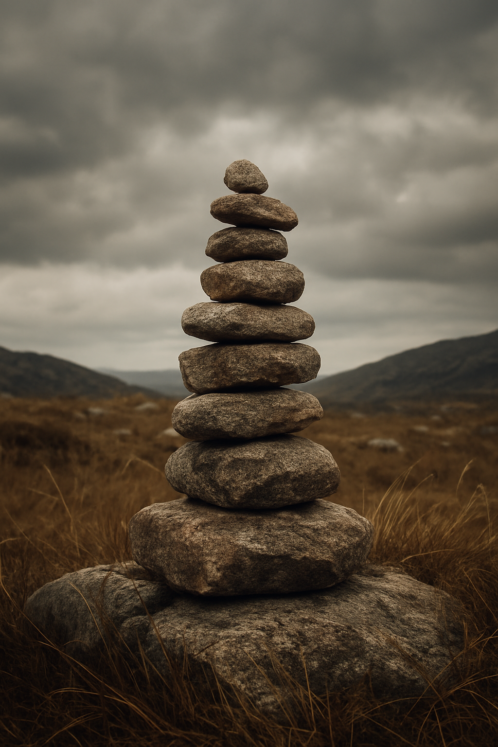 Stack of rocks on a grassy landscape with mountains in the background and cloudy sky.
