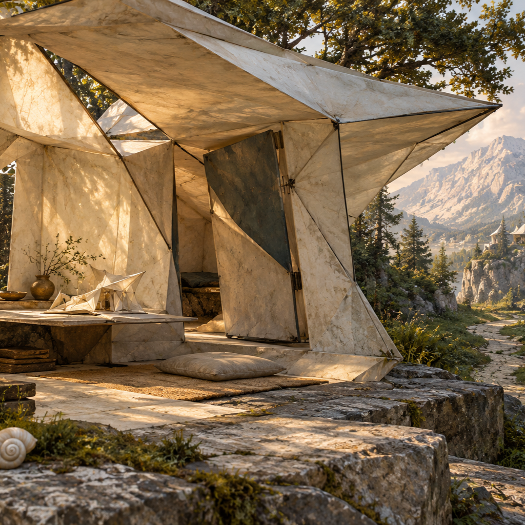 An ivory, origami-like pavilion stands on a mossy stone terrace among trees. Sunlight glows through its angular panels. Inside are a table with a miniature folded structure, a floor cushion, and a partly closed door.