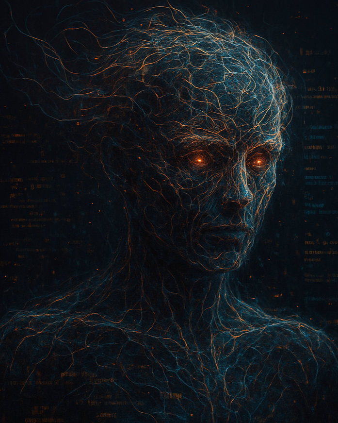 This image depicts a digital art rendering of a humanoid figure with a skeletal, neural network-like structure with glowing orange eyes, set against a dark background with faint data and code elements.