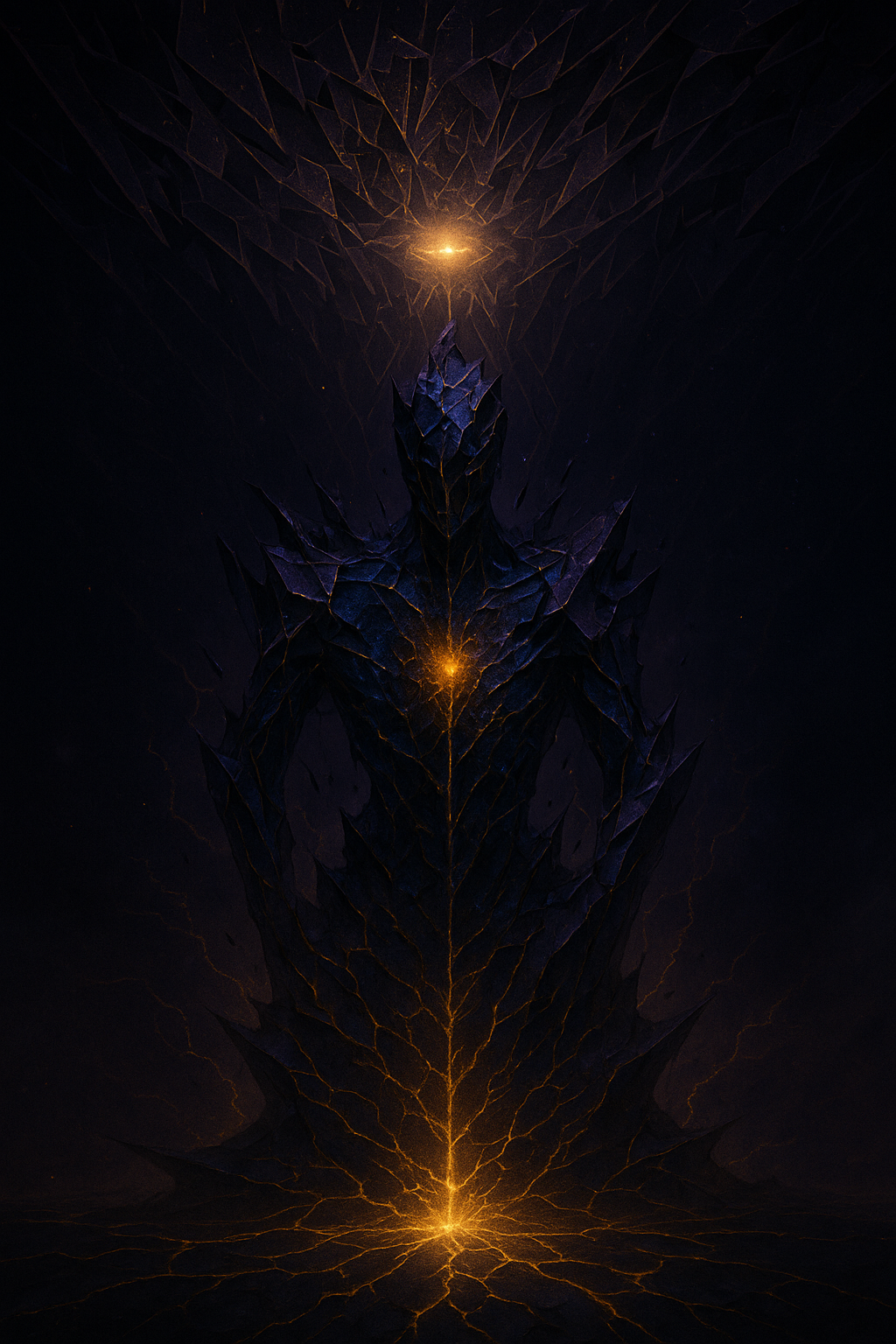 A digital artwork of a humanoid figure with glowing orange elements running vertically through its dark, textured body against a black background, with a bright glowing light at the top.