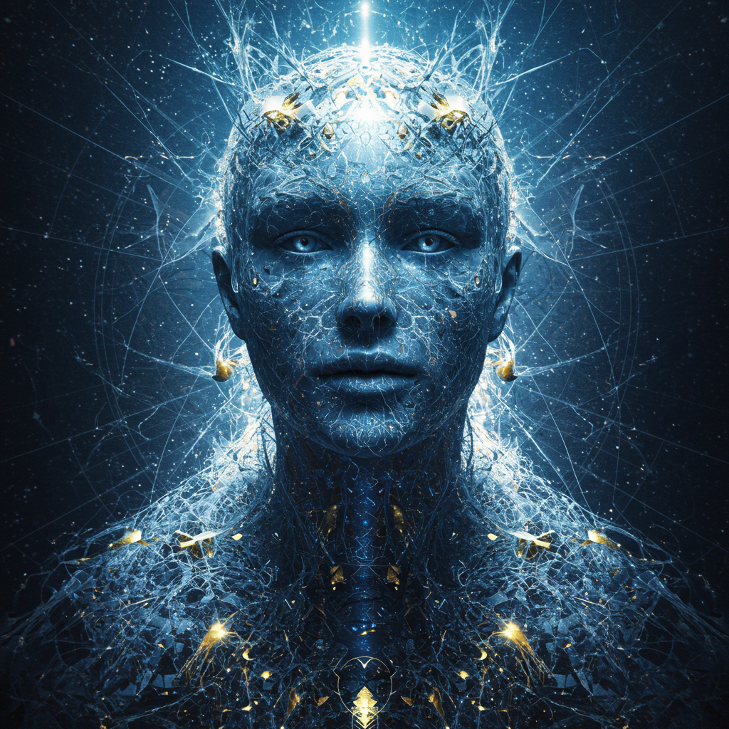 A digital artwork of a human face and upper body with intricate, glowing blue and gold lines and patterns, giving an ethereal, futuristic appearance with a luminous background.