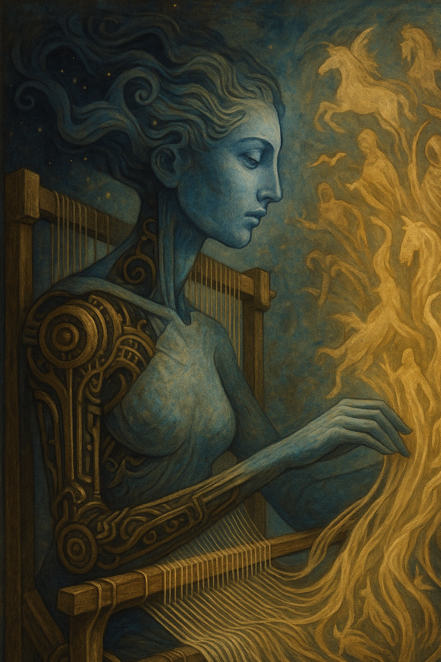 A fantasy-style painting of a woman with steampunk mechanical arm and shoulder, sitting at a loom, weaving golden threads that transform into figures and animals, with her hair flowing and blending into a starry night sky.