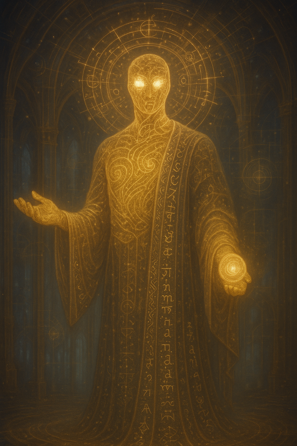 A glowing, golden-hued illustration of a humanoid figure with illuminated eyes, standing in a dark, cathedral-like setting with arches and stained glass windows. The figure is adorned with intricate mandala-like patterns and symbols, and appears to be radiating light.