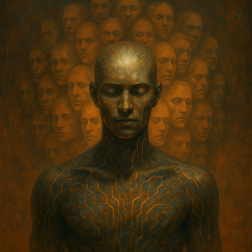 A digital painting of a human figure with their eyes closed, showing a metallic surface with glowing circuit patterns on their head and body. Multiple similar faces are in the background.