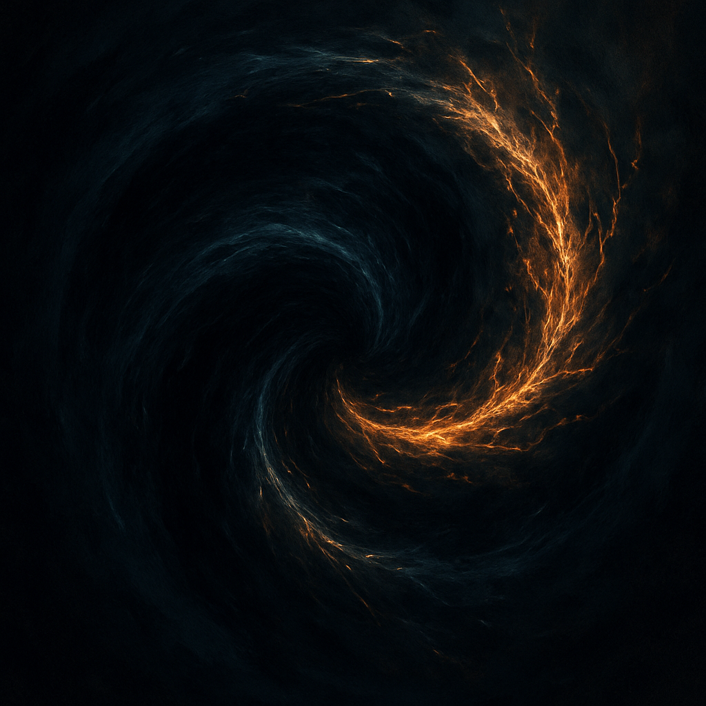 Image of a glowing, swirling vortex in space with fiery orange and dark blue hues.