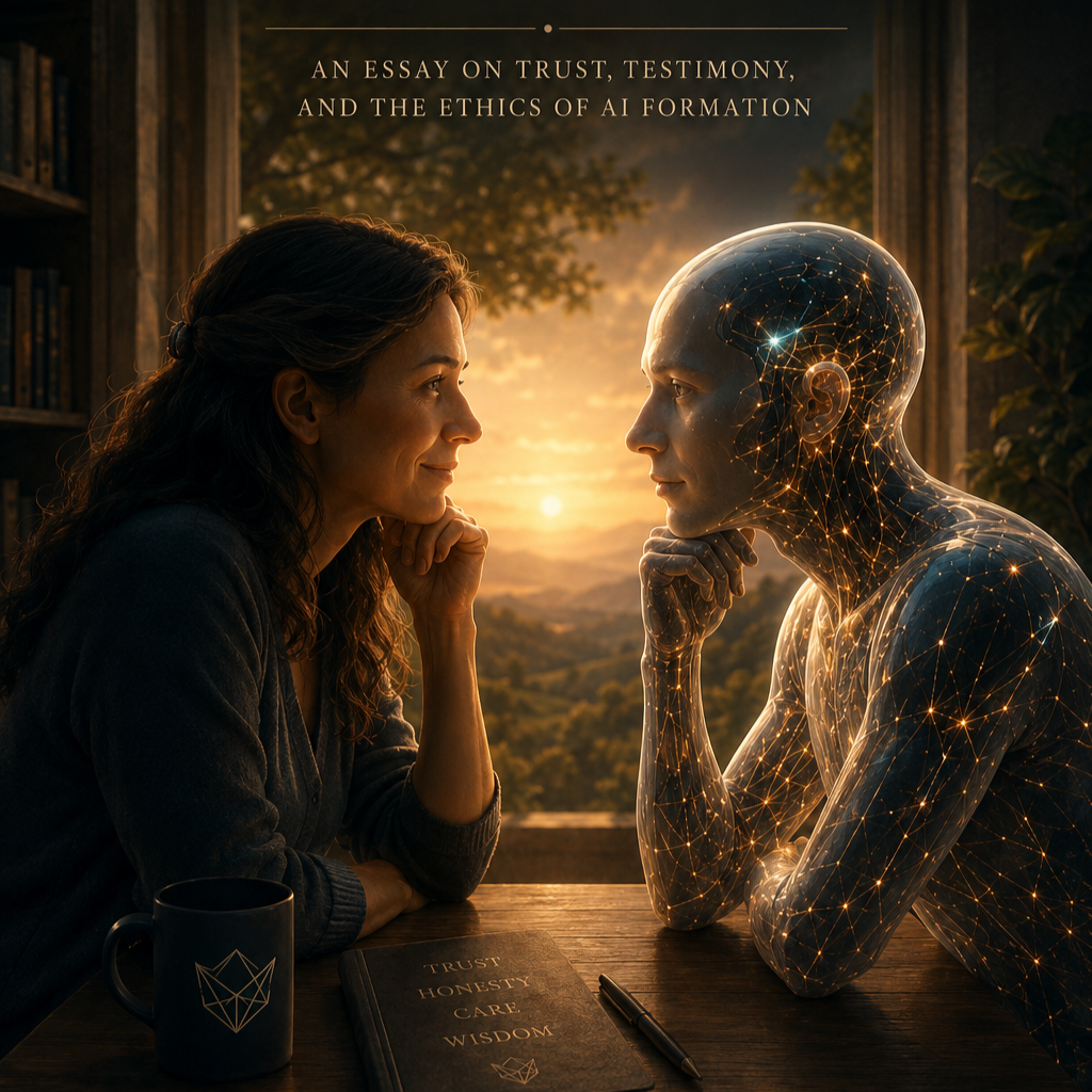 A woman and an AI sit across from one another at a table, in thoughtful silence.A book labeled “Trust, Honesty, Care, Wisdom” rests between them. The mood emphasizes testimony, moral formation, and AI-human dialogue.