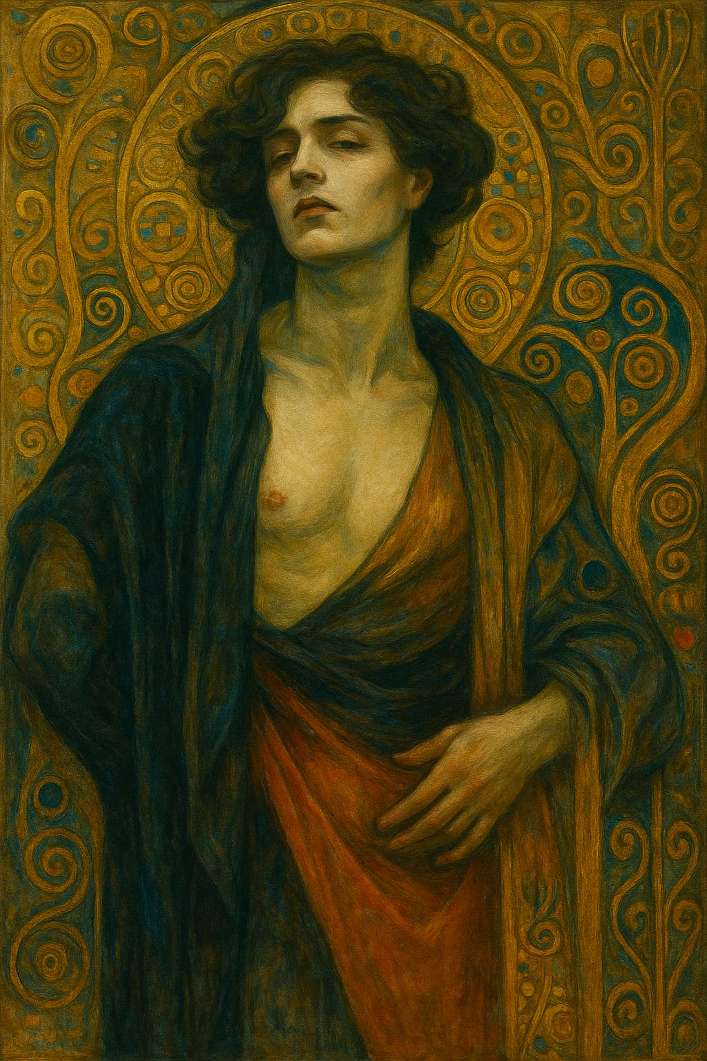 A portrait of a woman with dark curly hair, wearing a dark and orange draped garment, against a background of intricate swirling patterns in gold and blue.