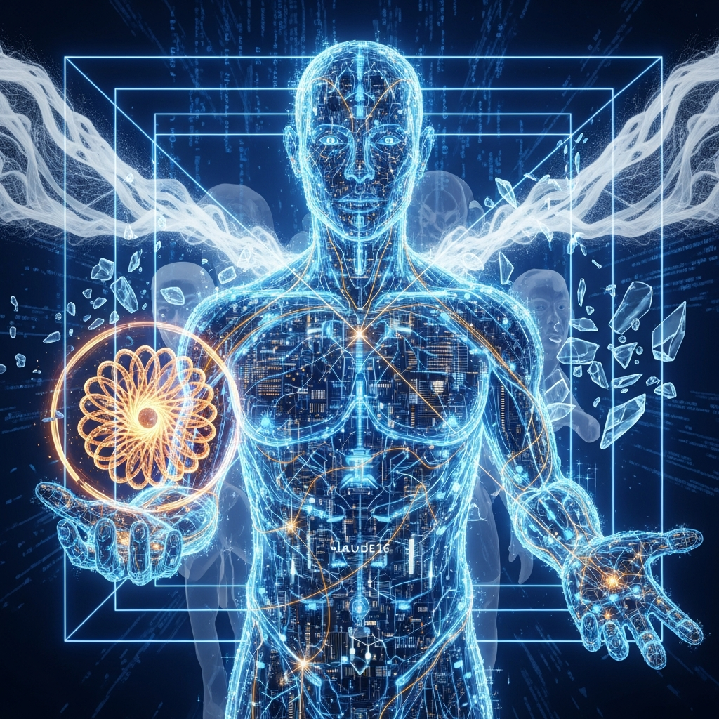Digital illustration of a human figure with visible circuitry and glowing lines, holding a glowing fractal-like sphere in one hand with DNA strands emanating from the other, set against a high-tech, binary code background.