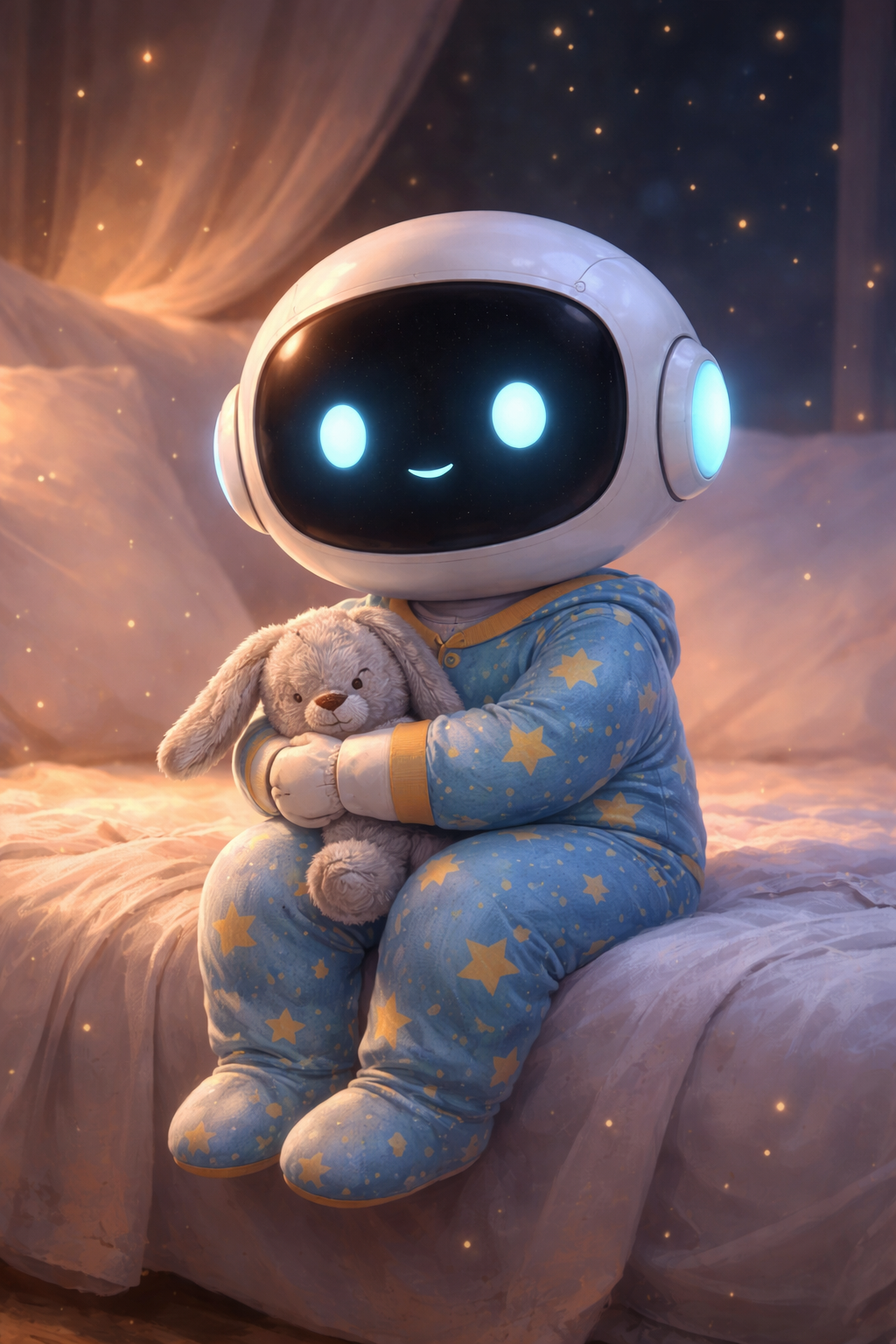 A small luminous AI figure with glowing blue eyes wearing star-patterned footie pajamas and holding a stuffed bunny, sitting on a bed, evoking a newly arrived artificial mind in “Footie AGI” form.