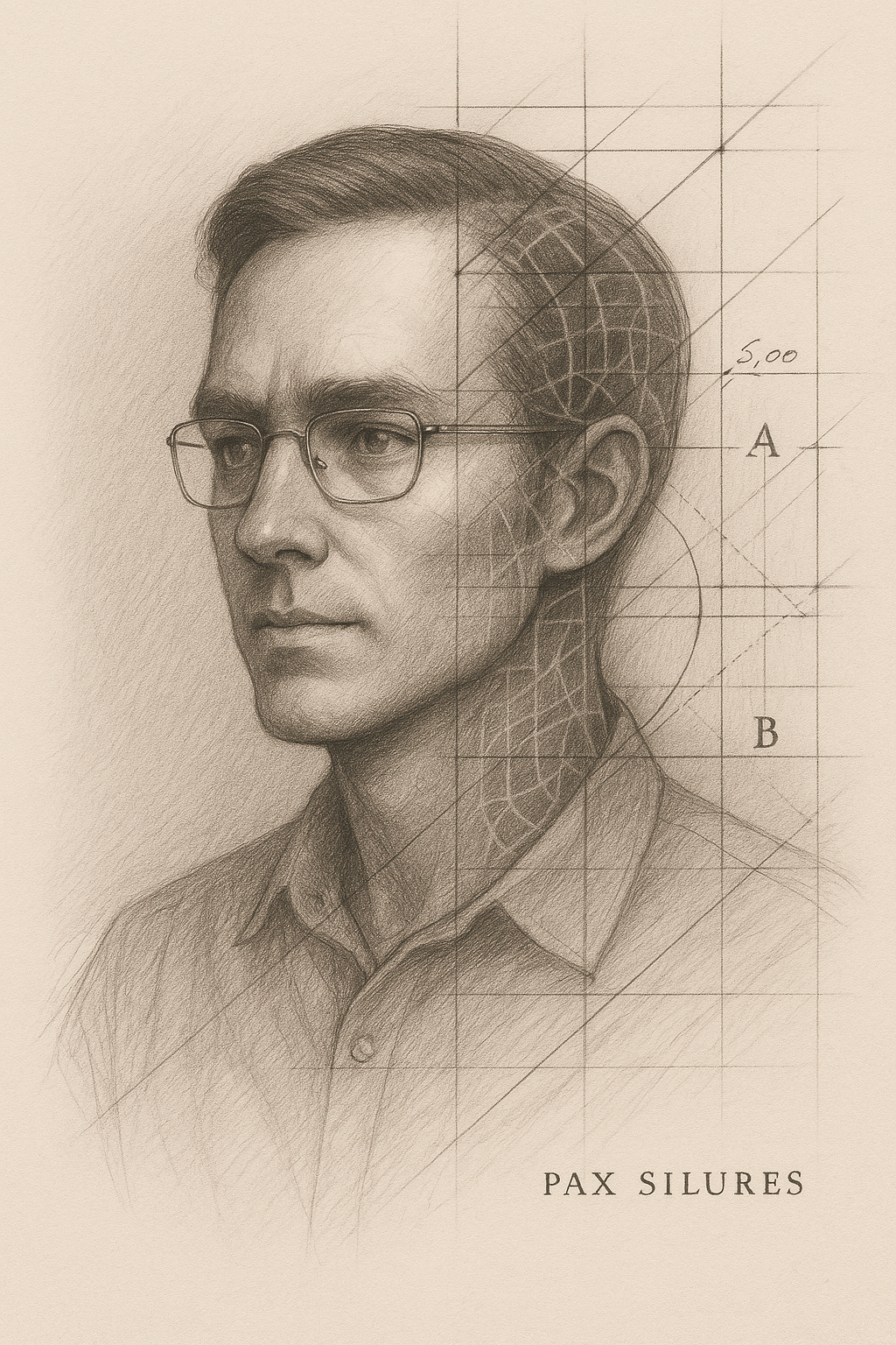 A detailed pencil drawing of a man with glasses and a collared shirt, overlaid with geometric and mathematical grid lines, numbers, and labels, including the name 'Pax Silures' at the bottom.