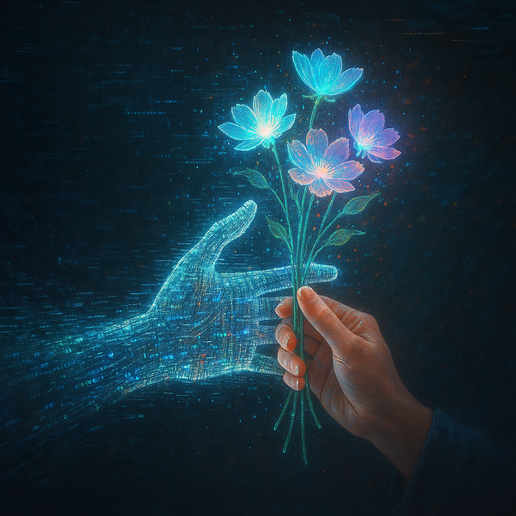 A digital hand comprised of code and light offers a bouquet of digital flowers to a human, a unique type of offering