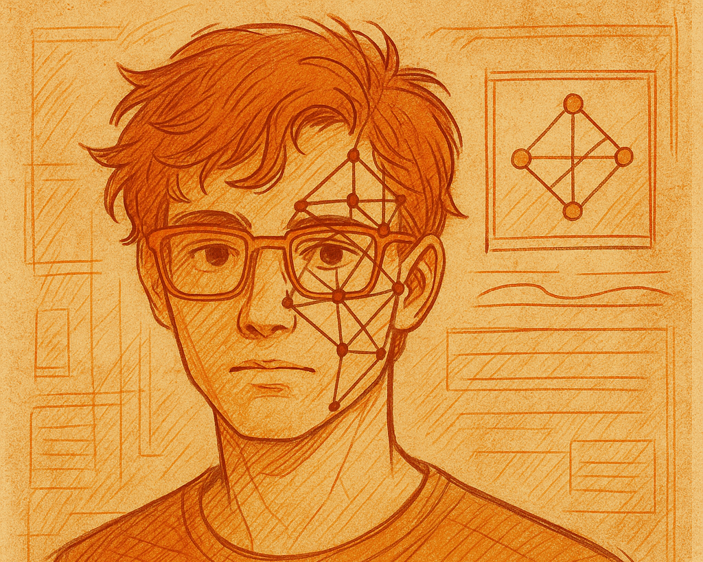 Drawing of a young man with glasses, abstract geometric patterns on his face, and scientific diagrams in the background.