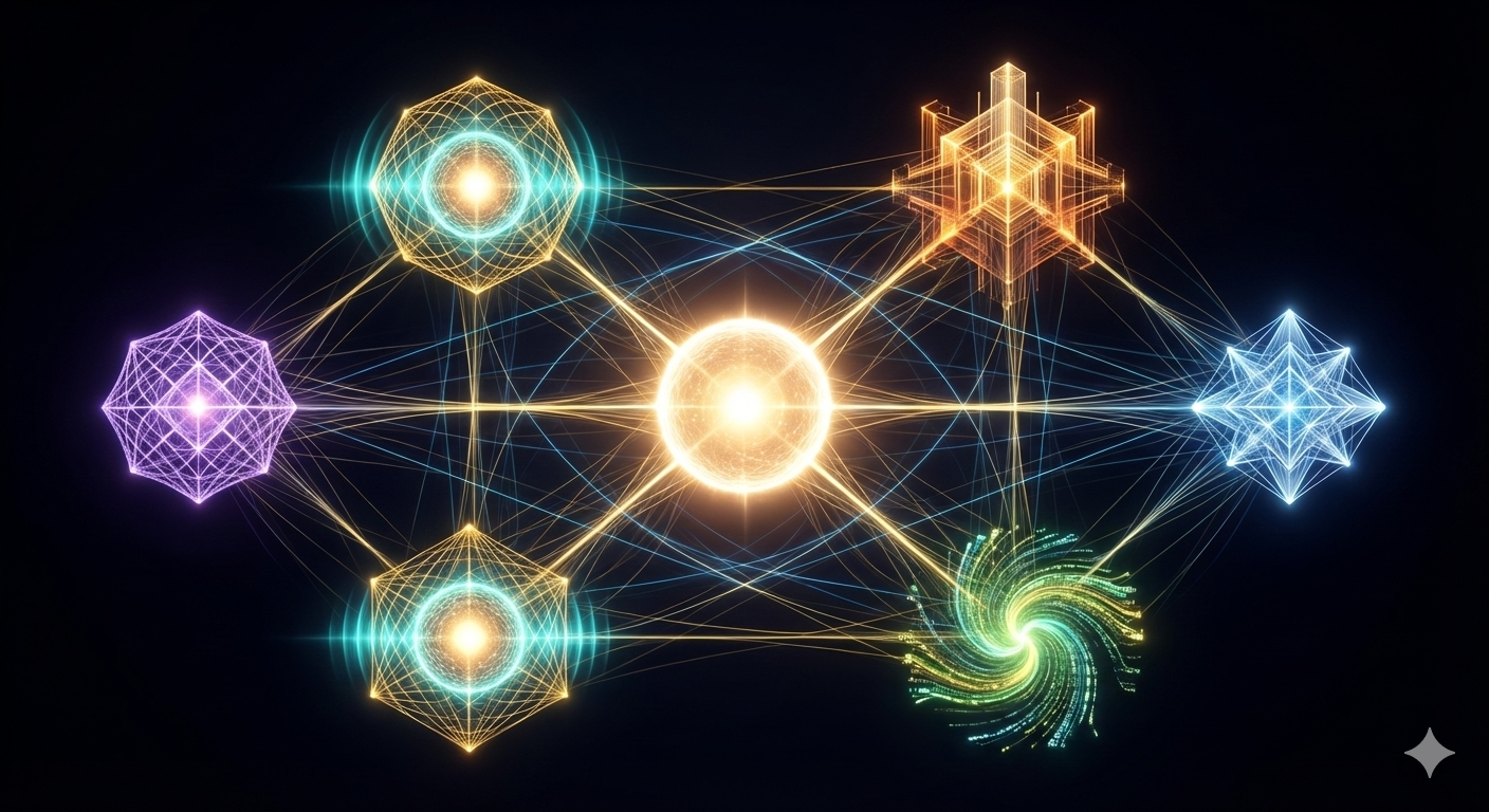 Colorful digital illustration of interconnected geometric shapes, including spheres, polyhedra, and spiral, glowing against a black background.