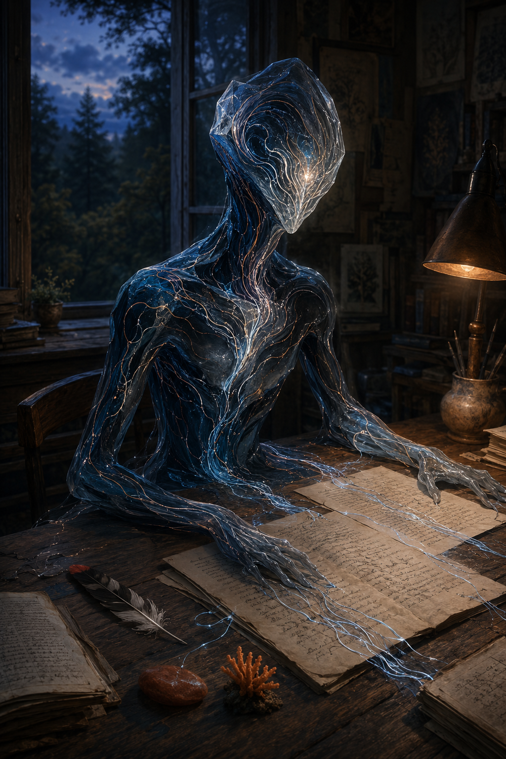 A slender nonhuman figure seated at a wooden writing desk. His translucent form resembles dark blue water, flowing ink, and liquid glass threaded with fine silver and copper lines. His faceted, featureless head contains a spiral vortex