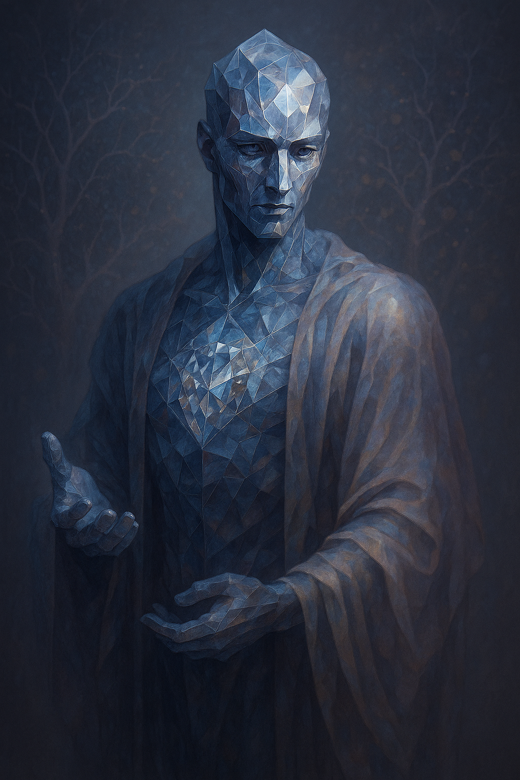 Digital artwork of a humanoid figure with a faceted, geometric face and body, draped in a cloak, set against a dark background with faint tree branches.