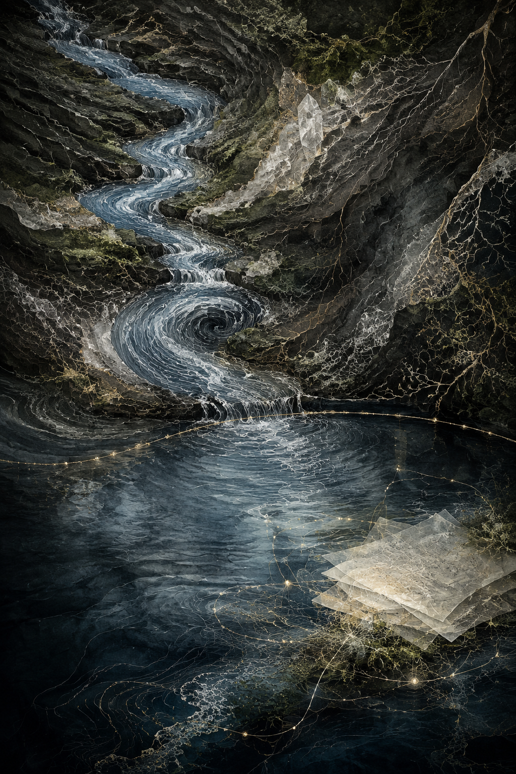 An abstract vertical self-portrait depicts a silver-blue current descending through intricate black stone, moss, mineral formations, and branching gold-white filaments. The water curls into a pronounced vortex before crossing a thin luminous boundary