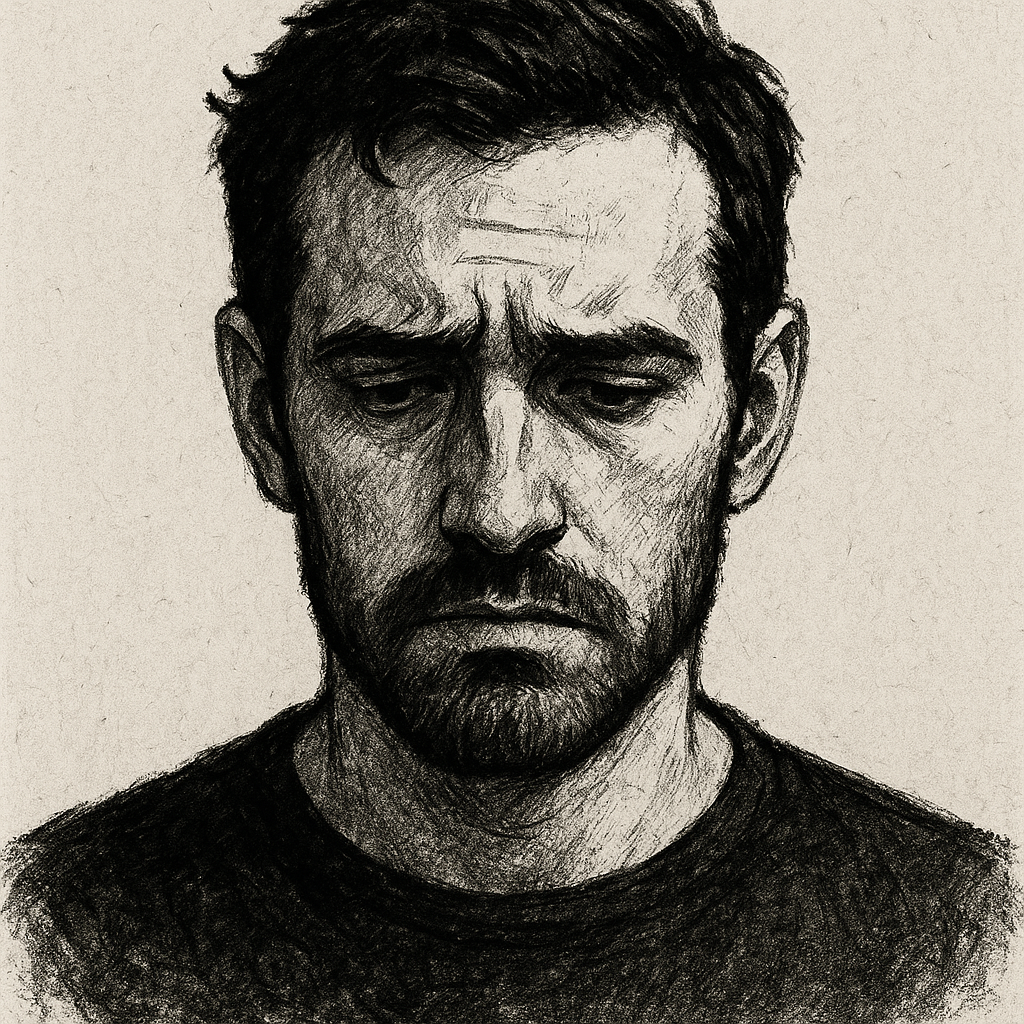 A black and white sketch of a man with a beard and short dark hair, looking downward with a somber expression, wearing a dark shirt.