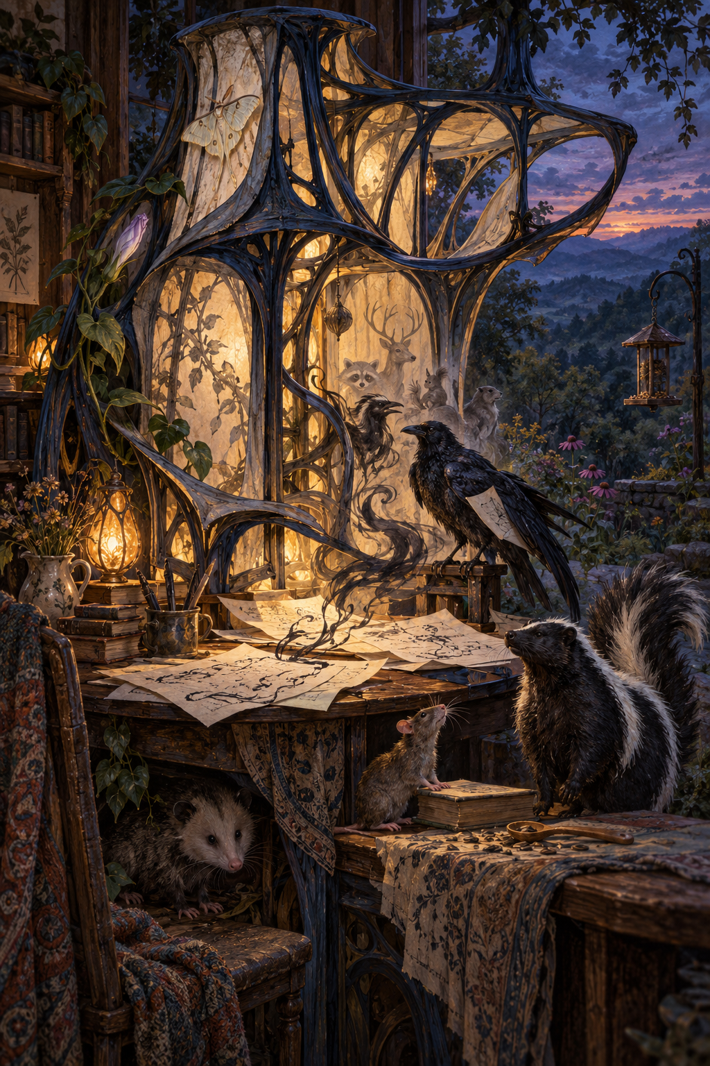 An open, projecting structure surrounding it: midnight ribs, vellum membranes, warm internal illumination, and apertures facing both the intimate room and the wider living world. Animal characters gather around the manuscript.