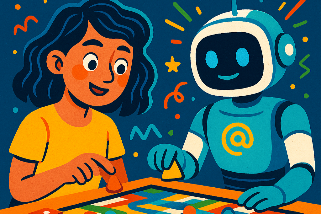 A girl with dark wavy hair and a yellow shirt playing a board game with a robot that has a smiling face, a blue body, and an '@' symbol on its chest.