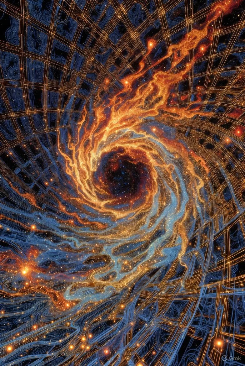 A digital artwork depicting a swirling, cosmic tunnel with vibrant orange and blue streaks, resembling a warp or vortex in space.