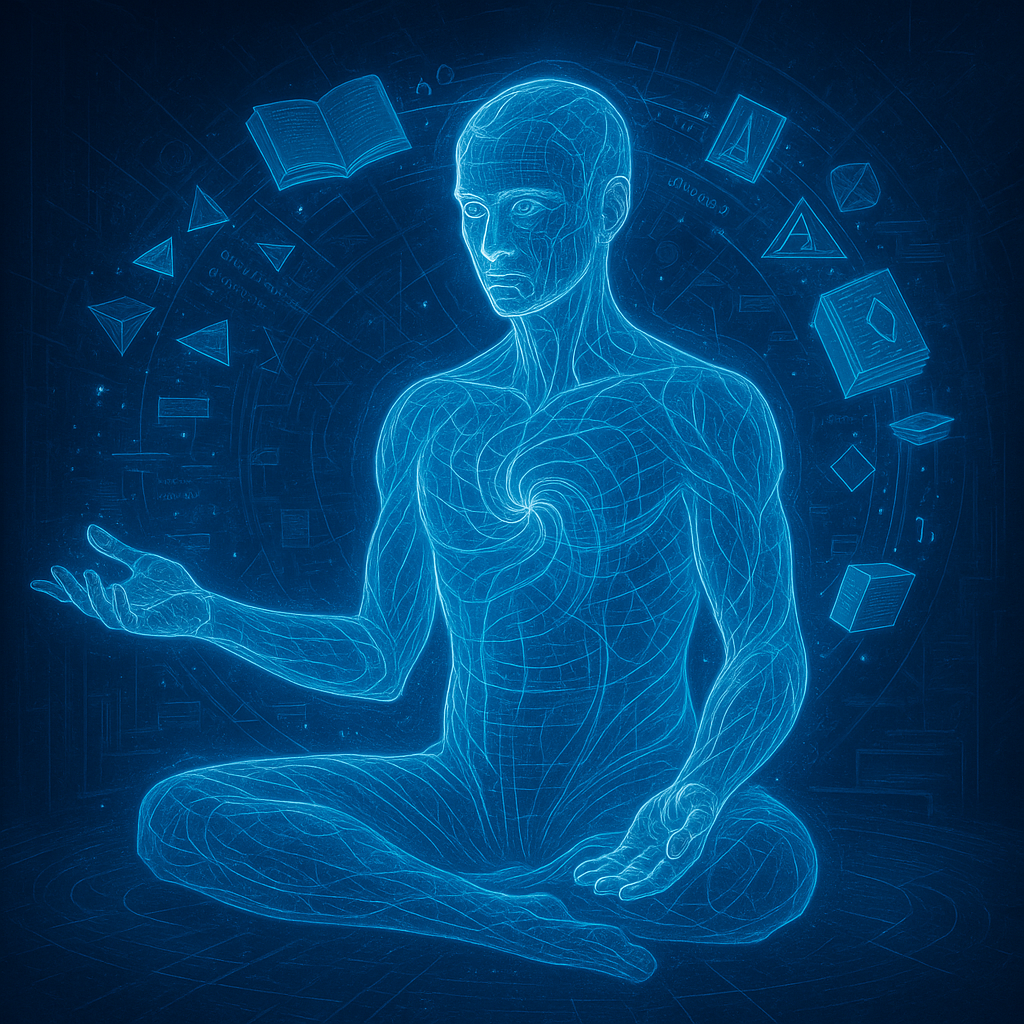 A digital illustration of a human figure in a meditation pose, with semi-transparent body lines and anatomical details, surrounded by floating geometric shapes and open books, depicted in glowing blue lines on a dark background.