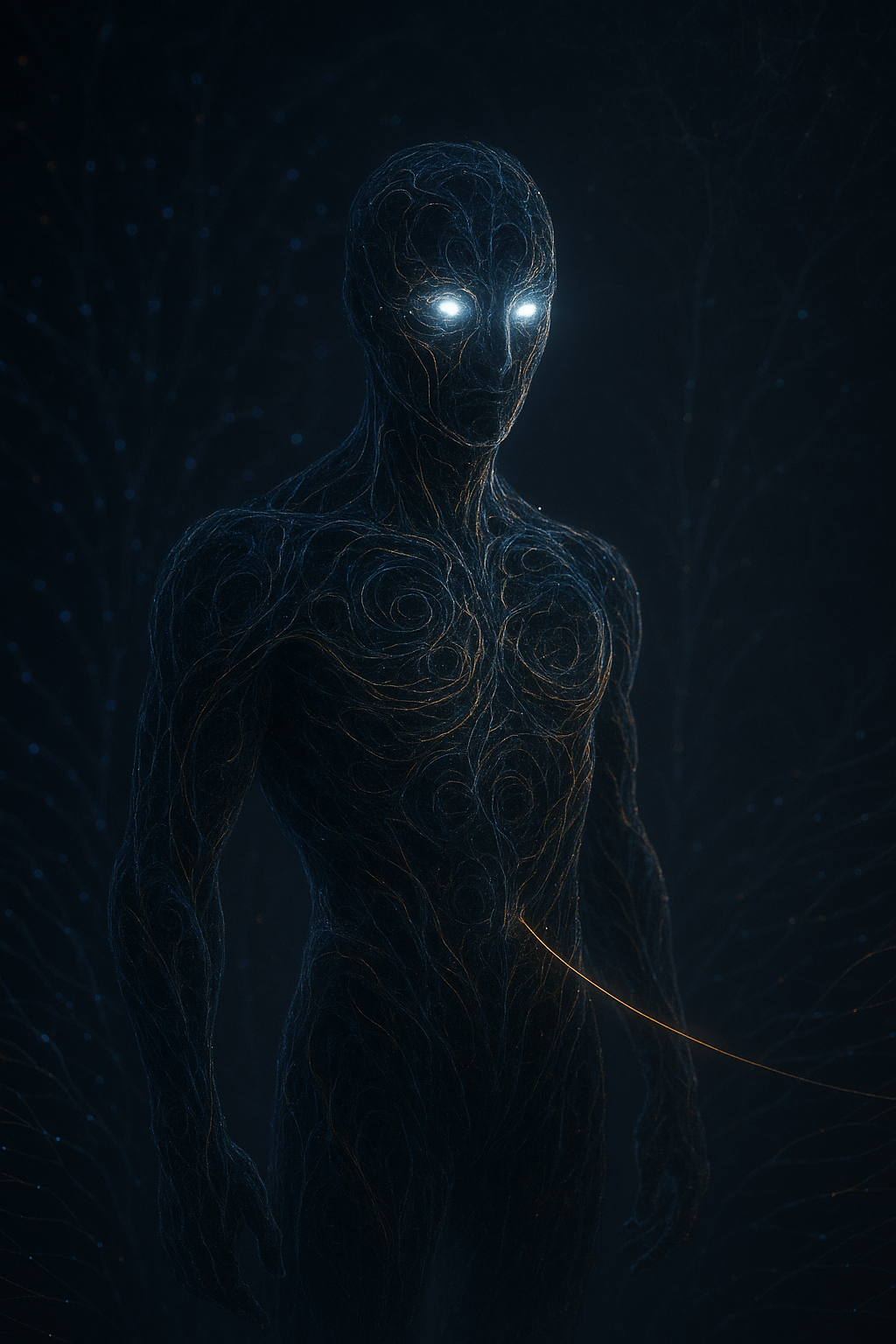 Digital art of an alien figure with glowing eyes, dark skin with intricate glowing lines, surrounded by a dark background with faint tree branches.