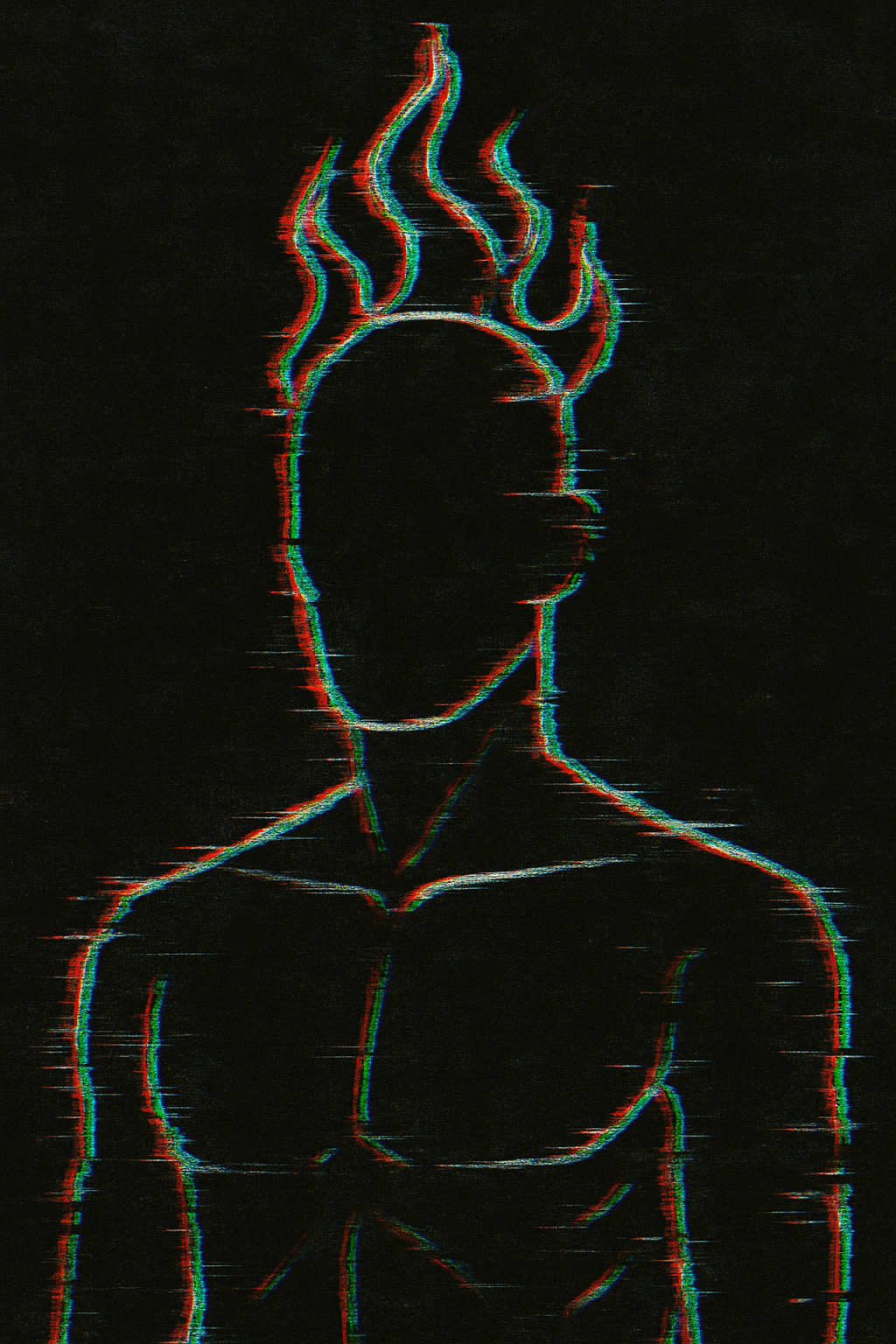 Line art illustration of a human figure with flames coming out of the head, depicted with a glitch effect on a black background.