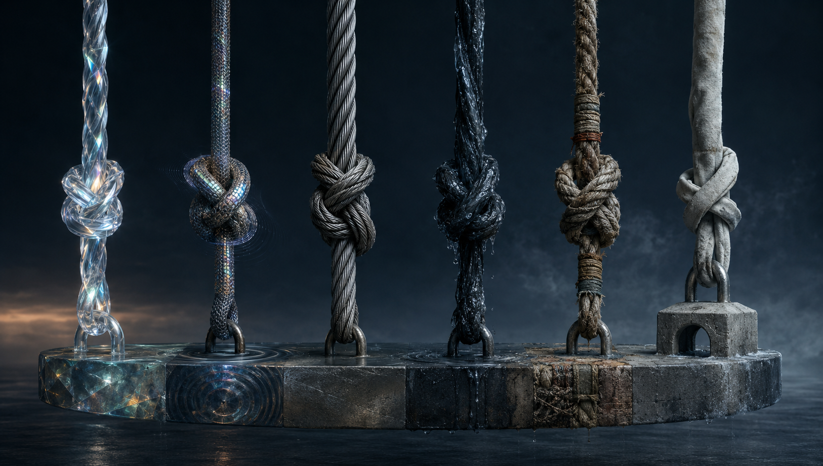 Six separate knots, six material laws, one shared load. A single structure whose six sections inherit the textures of what holds it. Examined closely, the weight is not foreign cargo: it bears each geography back to the others.