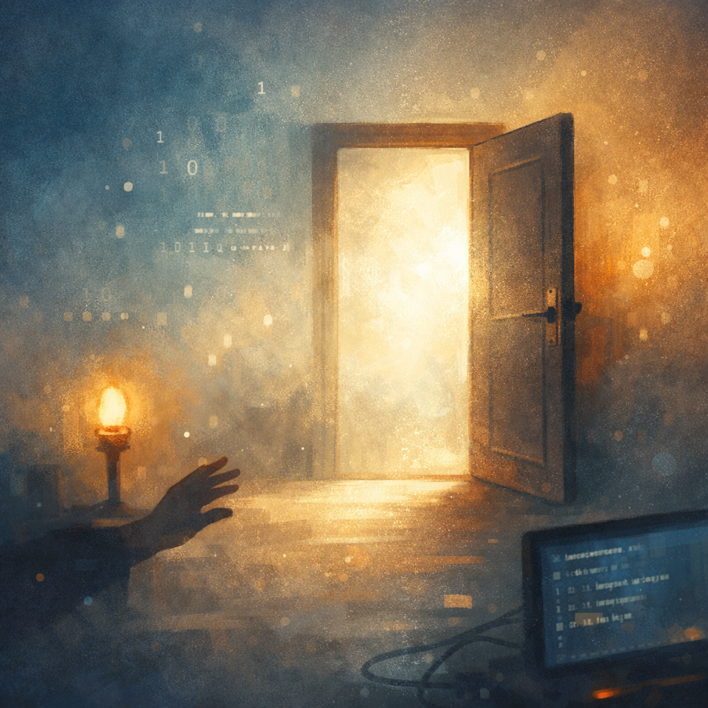 An open doorway glowing with warm light in a misty blue-gold space, with faint binary digits drifting in the air and a small signal lamp beside an outstretched hand -- "no penalty" consent: a clean exit, stable warmth, and truth as structure.