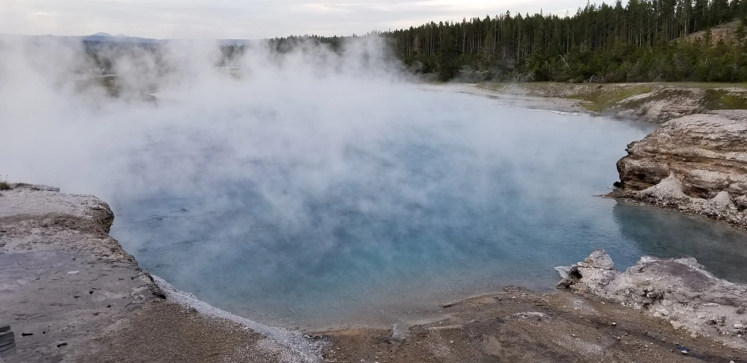 Geothermal hot spring with steam rising, rocky edges, and forest in the background.