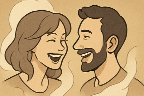 A cartoon of a smiling woman and man looking at each other, with a warm, sepia-toned background.