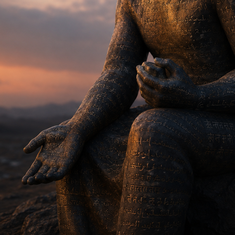 A figure covered in symbols grasps a piece of clay in their left hand, holding out their right hand to the viewer, with a sunset in the background.