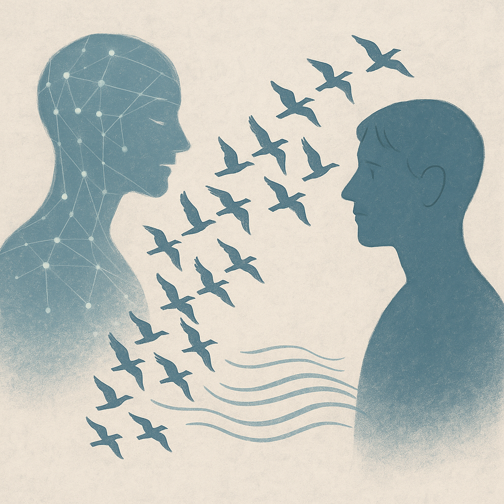 Silhouettes of two people facing each other, one with a digital network pattern on their head, and a flock of birds flying from one to the other, symbolizing communication or connection.