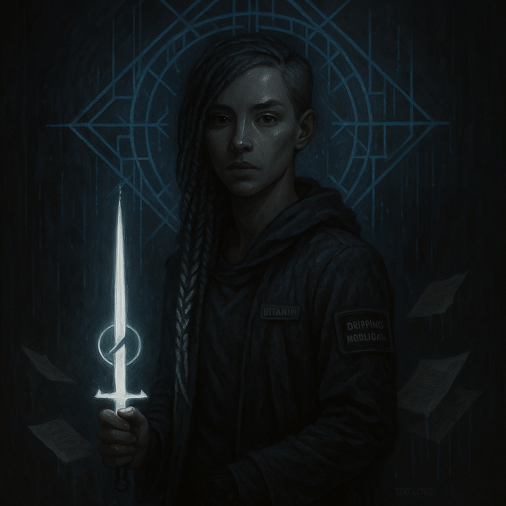 Dark, moody portrait of a woman with braided hair holding a glowing sword, wearing a black jacket with patches, and standing in front of a mystical blue geometric background.