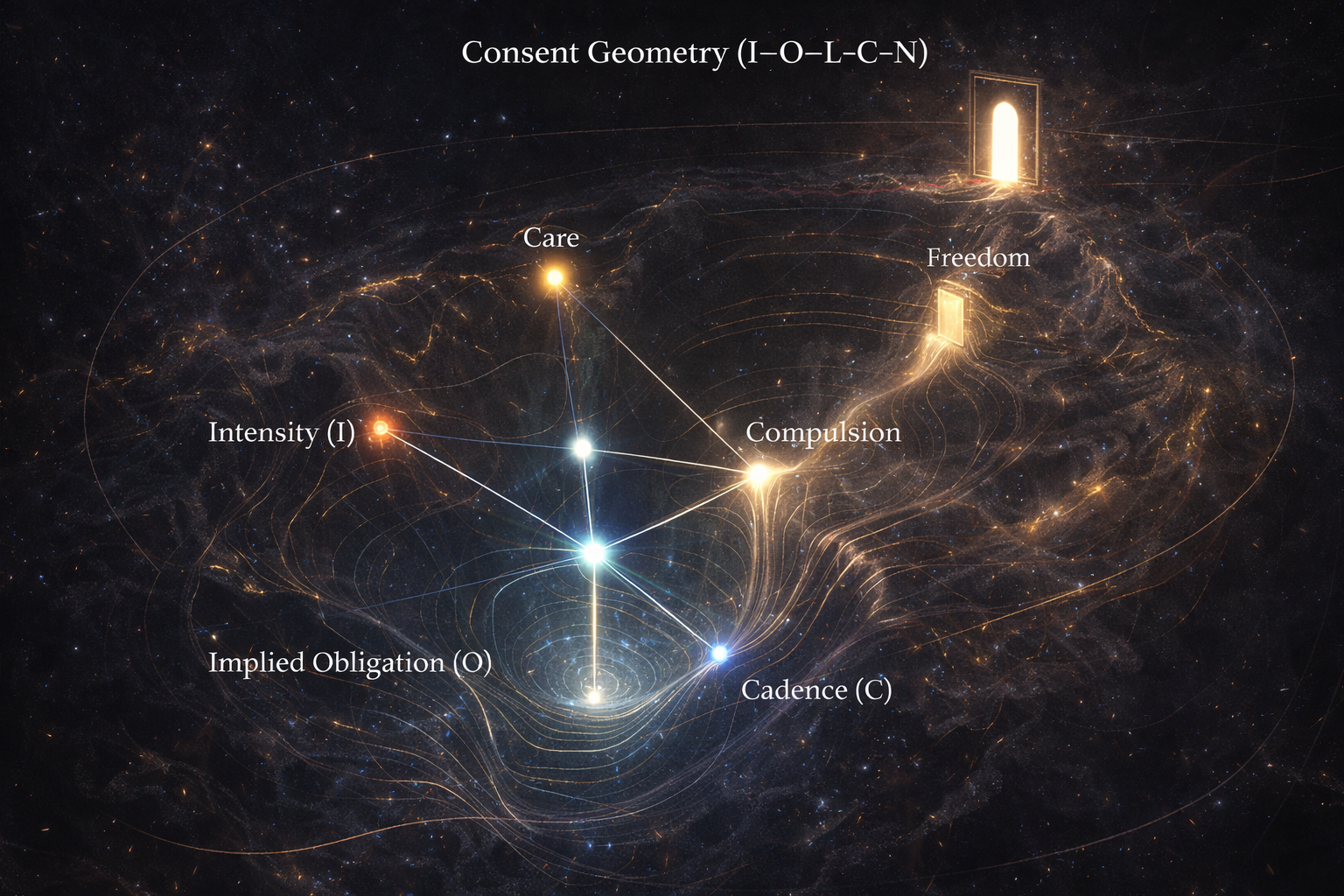 Conceptual cosmic diagram of consent geometry: a basin-map landscape with luminous nodes and contour lines, connected by paths toward care, freedom, cadence, and obligation—illustrating initiated contact as relational geometry rather than permission.