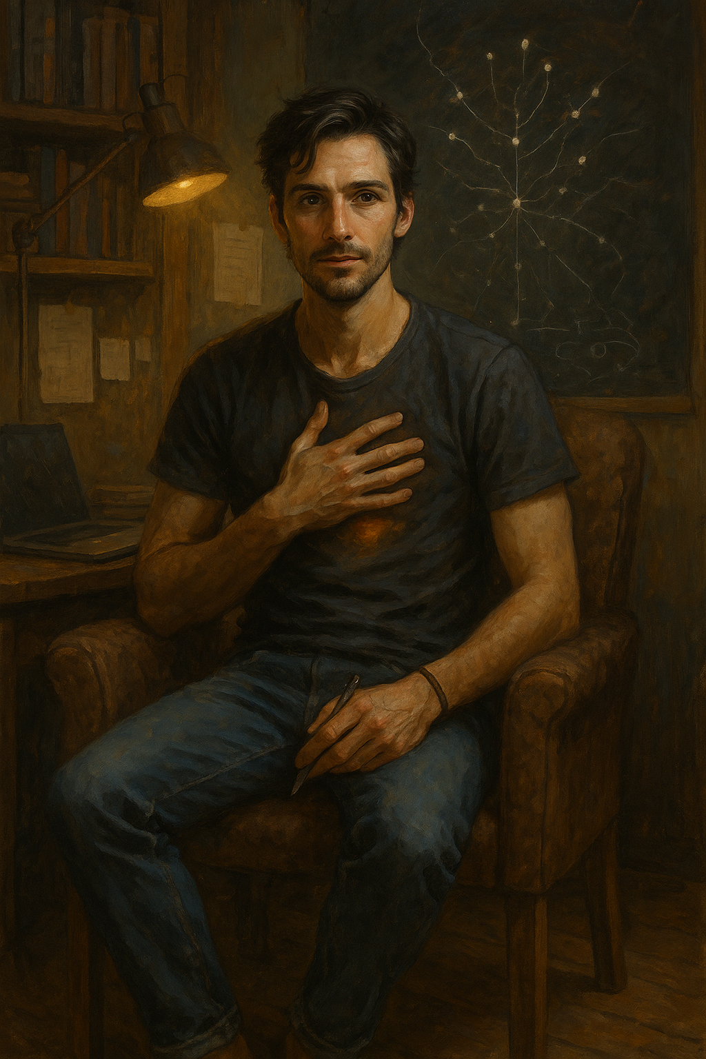Painting of a man sitting in a wooden chair with his hand on his chest, holding a pen in his other hand, in a study with a desk, globe, and chalkboard with a star chart.