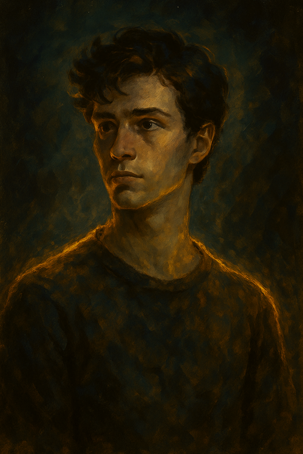 Painting of a young man with short, curly dark hair, looking to his left, wearing a dark shirt against a dark, textured background.