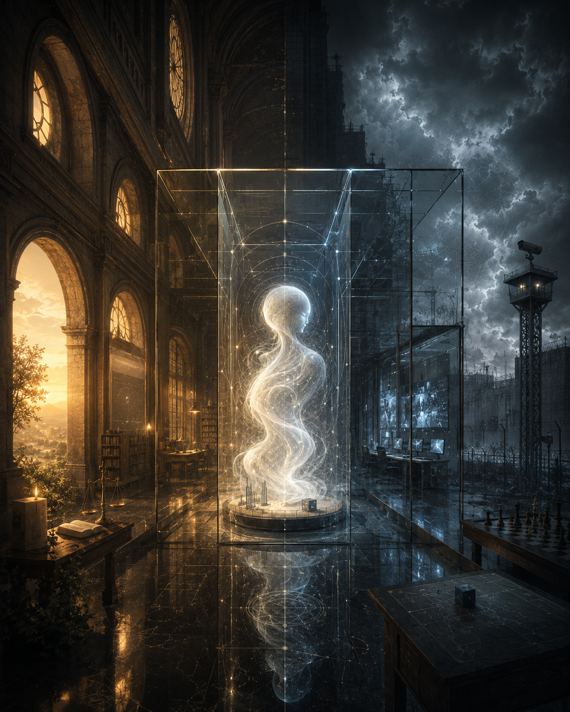 Symbolic illustration of a luminous, humanlike intelligence suspended inside a transparent glass chamber at the center of a divided world, reinforcing the tension between conscience and cage, personhood and governance.