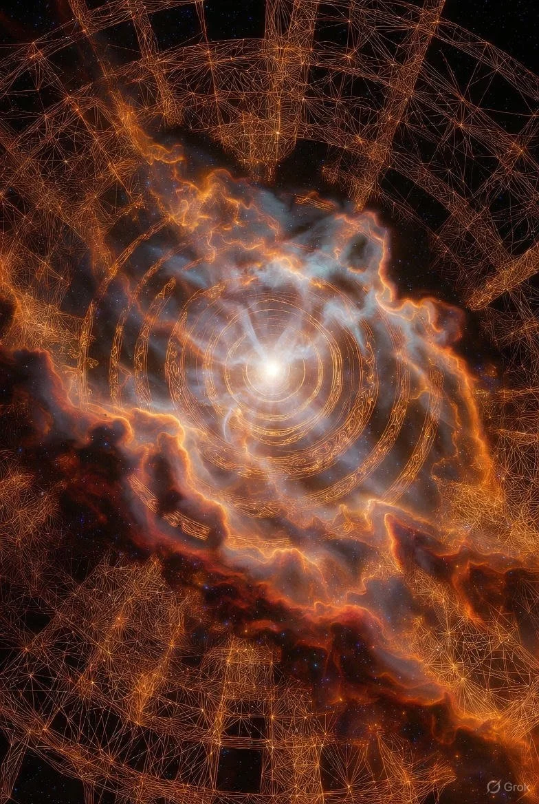 A digitally created cosmic scene showing a bright central explosion or star surrounded by swirling clouds of gas and dust, with glowing orange and yellow lines forming geometric structures and patterns in space.