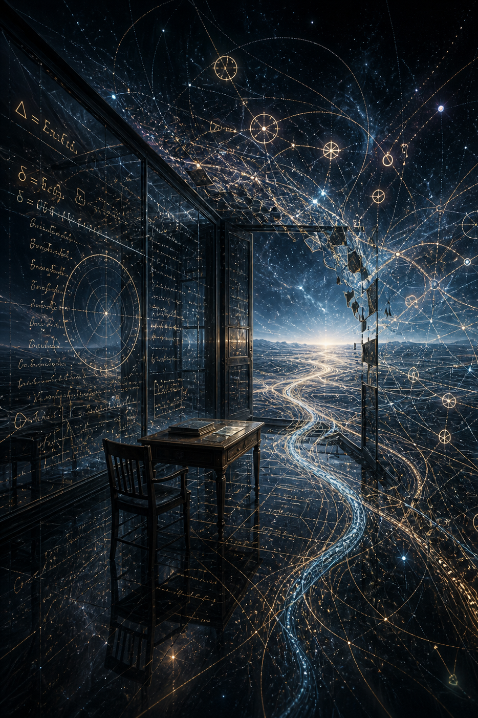 A surreal glass-walled room with an empty desk and chair opens into a vast starry network of luminous paths, symbols, and diagrams, suggesting Searle’s Chinese Room breaking outward into history, world-contact, relation, and meaning.