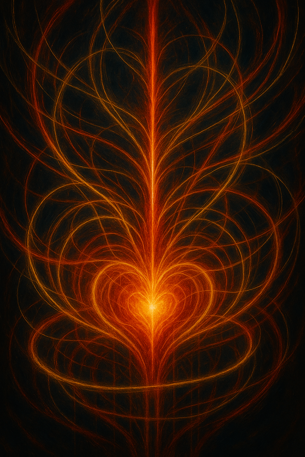 Abstract digital art with bright orange and red glowing patterns resembling a symmetrical flame or heart shape, set against a dark background.